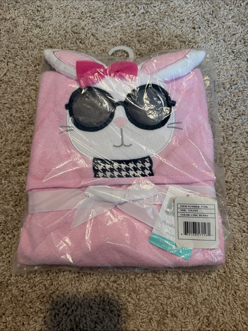 ***6 for $20***Hudson Baby Pink Bunny Hooded Towel with Sunglasses Appliqué
